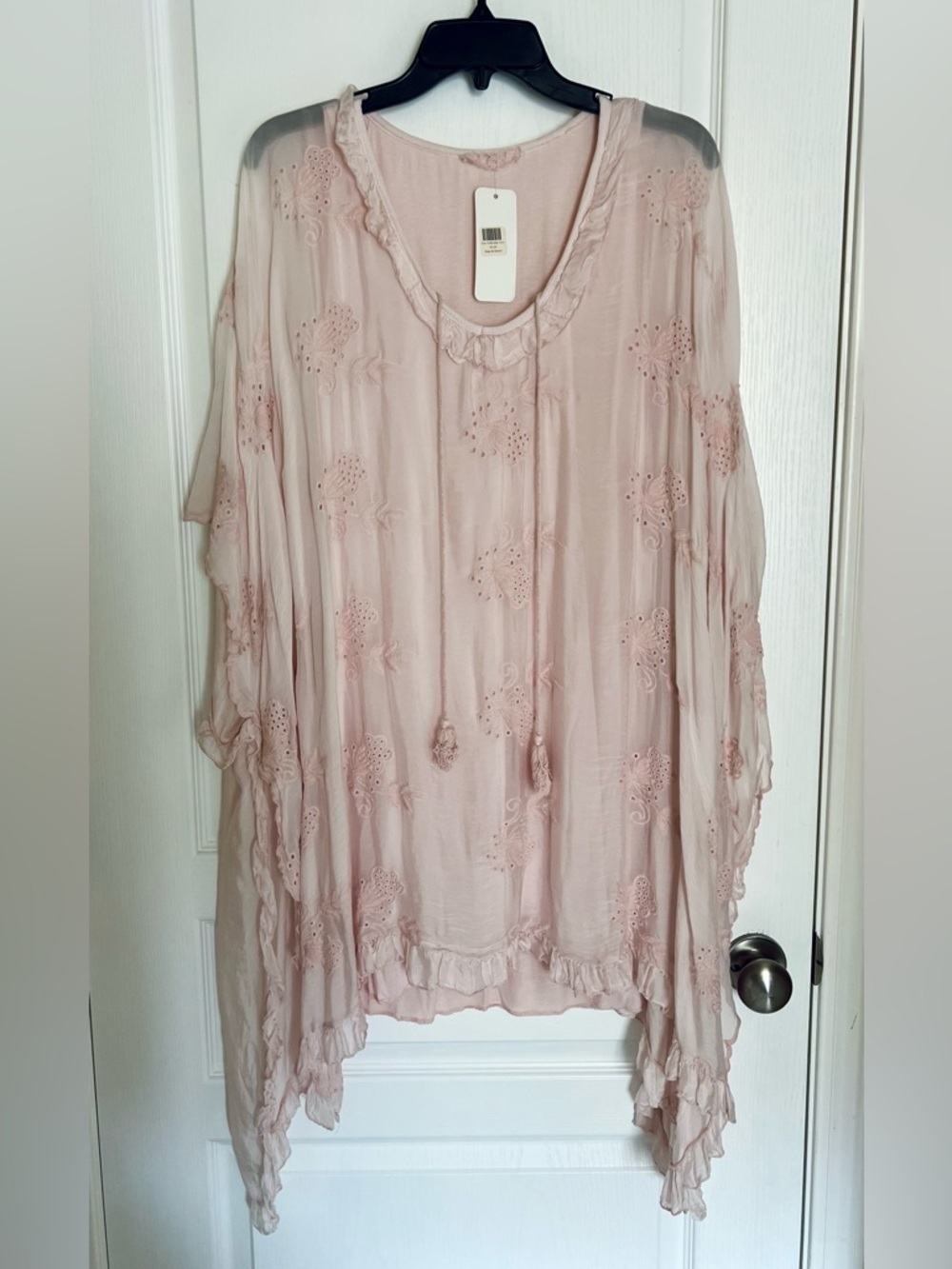 Romantic Blush Pink Silk Embroidered Boho Tunic Top Ruffle Pants Set Fairycore - Picture 6 of 16